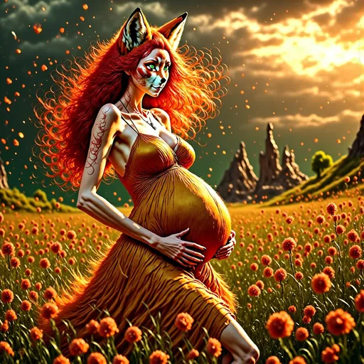 Prompt: (Baroque style), beautiful radiant pregnant woman, dancing in a field of heather, warm color scheme, soft golden and rich browns, rain cascading down, dramatic lightning, dark storm clouds backdrop, ethereal atmosphere, expressive movement, intricate details, lush vegetation, delicate flowers, capturing beauty and resilience, high quality, ultra-detailed, cinematic vibe.