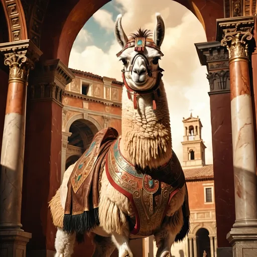 Prompt: (anthropomorphic llama, extremely godlike muscled, heroic pose, full body shot), (Renaissance art style), warm color palette, rich textures, detailed anatomy, dramatic lighting, heroic atmosphere, uplifting mood, intricate background featuring classical architecture, soft brush strokes, vivid depictions of strength and valor, highly detailed, 4K quality, evocative and timeless composition