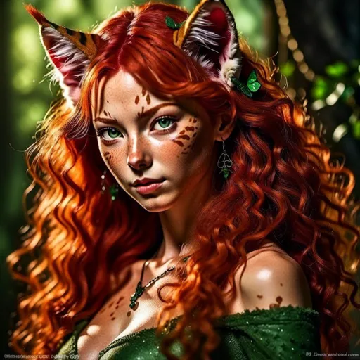 Prompt: <mymodel> Realistic 40 year old Celtic woman, Full Color Fantasy  illustration of a Celtic woman with cat ears and tail, detailed long red curly hair, detailed green eyes, detailed skin texture, full body view, delicate, diffused lighting, beautiful, artistic, detailed, fantasy style Celtic background, long hair, detailed eyes, full-body pose dancing, elegant, ethereal, soft lighting
