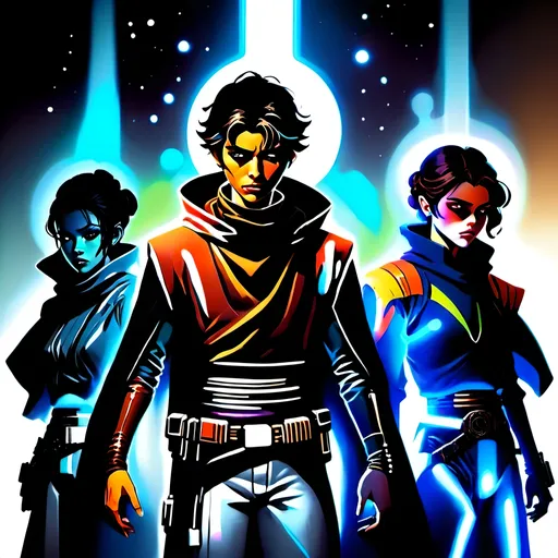 Prompt: anime style, (dark color scheme), outlaw characters from Star Wars, unique poses, rebellious vibes, high-contrast shadows, moody atmosphere, intricate details in character design, dynamic expressions, depth in lighting, (vibrant highlights), ultra-detailed artwork, dramatic ambiance, sci-fi elements, thematic background reflecting a galactic setting.