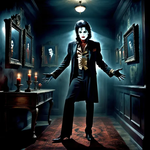 Prompt: (surrealism style image), (dark color scheme), a hauntingly dramatic scene inspired by Michael Jackson's Thriller, featuring an eerie ambiance with surreal elements, dynamic poses, featuring clearly visible portrait of Vincent Price on the back wall, moody lighting, high detail, captivating atmosphere, (HD), a blend of the mystical and the macabre.