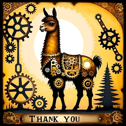 Prompt: (accurately spelled text "Thank You"), steampunk-inspired llama, intricate mechanical details, gears and cogs incorporated into the design, warm color scheme with rich browns and glowing golds, artistic brush strokes, whimsical yet sophisticated atmosphere, enchanting background with a hint of natural landscapes blending with industrial elements, captivating and ultra-detailed, oil painting style.