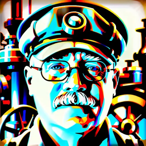 Prompt: (Humorous portrait), steampunk style, caricature drawing, black and white scheme, detailed facial features, expressive eyes, exaggerated pleasant smile, vintage military attire, quirky accessories, Iron gears and machinery in the background, cozy ambiance, ultra-detailed, engaging composition that blends humor and artistry, creating a captivating visual narrative.