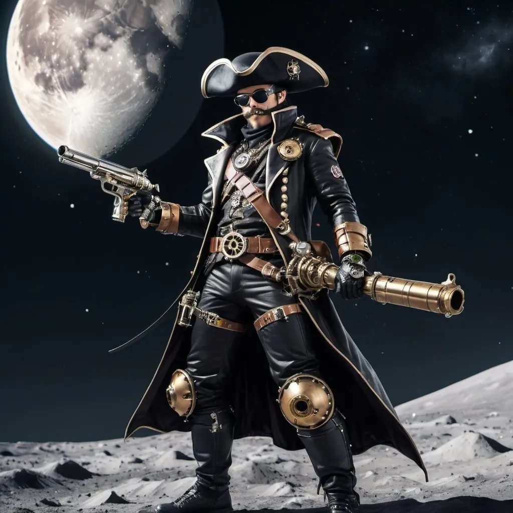 Prompt: Space Pirate in Black space suite  on Moon wielding a sword and steampunk flintlock pistol.