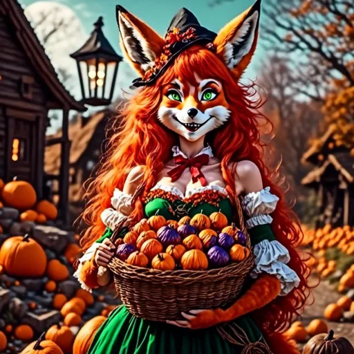 Prompt: <mymodel> Red Foxy Dressed a a witch offering a giant basket of candy corns to trick or treaters