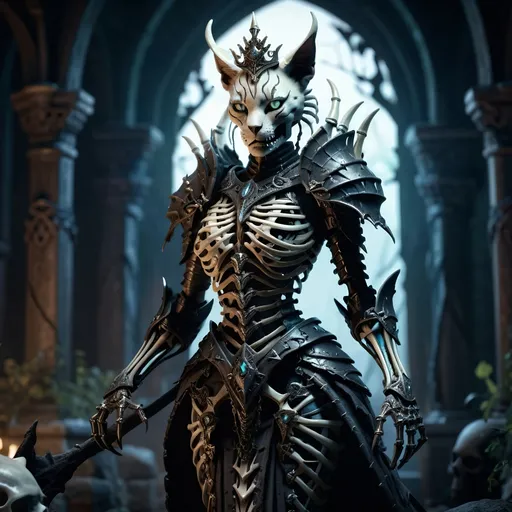 Prompt: skeletal bone Queen, dark color scheme, (fantasy RPG style), mysterious atmosphere, eerie background, intricate detailed armor, feline features woven into the design, dynamic pose, shadows and highlights emphasizing depth, high-adrenaline scene, (4K), ultra-detailed, magical aura surrounding the character, enchanting yet ominous vignette, dramatic composition.