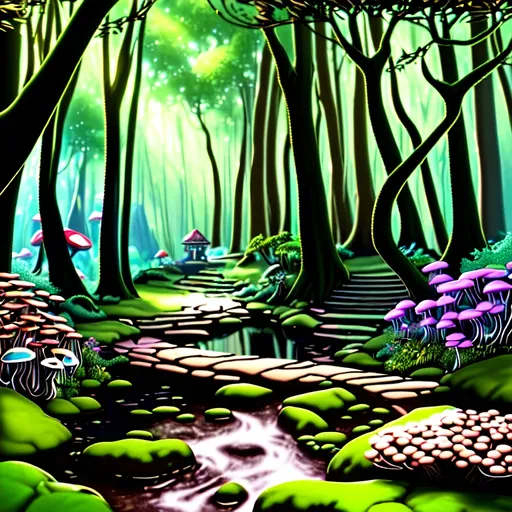 Prompt: (photorealistic style), lush Hyrule, vibrant warm colors, enchanting atmosphere, sunlight filtering through dense foliage, soft glowing mushrooms, serene winding path, magical fauna, mystical creatures peeking from behind trees, deep green foliage with golden highlights, ultra-detailed, immersive landscape, tranquil ambiance, adventurous spirit, ideal for storytelling backgrounds.