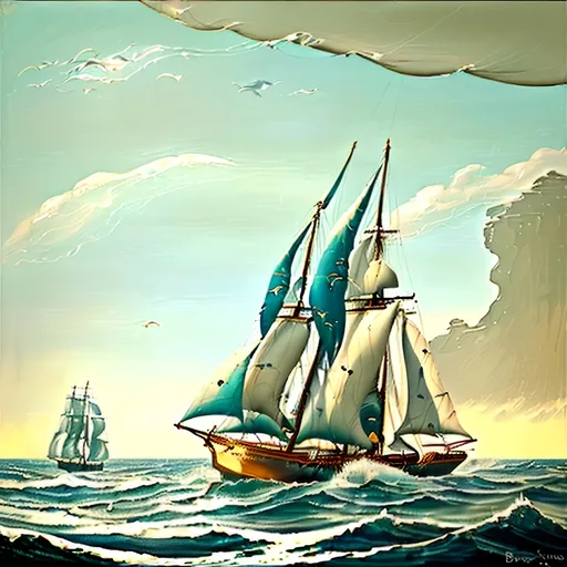 Prompt: oil painting, natural color scheme, (three masted sailing ship body made out of glass), (traveling swiftly) on a (realistic ocean), (sails full of wind), (dolphins breaching) in front of the bow, serene atmosphere, nature-inspired, fluid and dynamic scene, delicate brush strokes, soft light filtering through, emphasizing tranquility and adventure, ultra-detailed, high-definition.