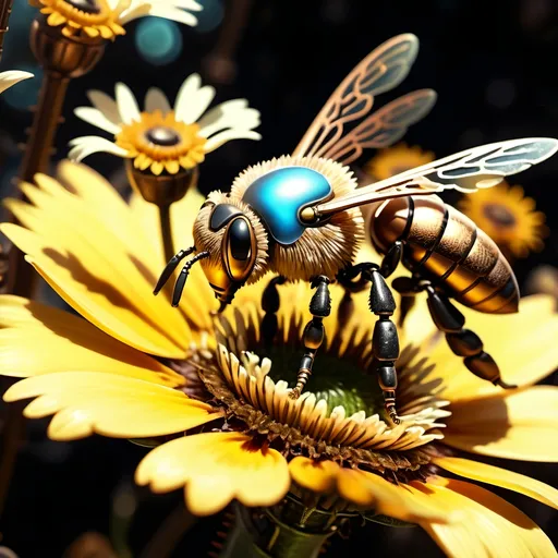 Prompt: Close up (Steampunk Honey bee sipping nectar on a flower, all six legs visible), dark steampunk artstyle,  HD, 4K, crisp focus, atmospheric, intricate floral background with steampunk elements, metallic textures, gears and cogs intertwined with nature, soft sunlight filtering through, cinematic lighting, dramatic shadows, immersive and captivating scene.