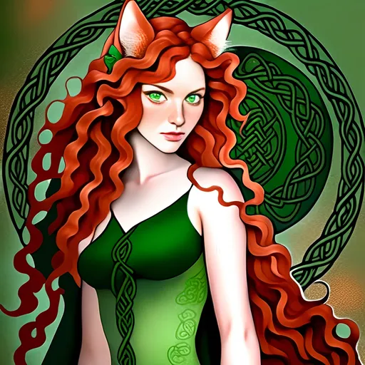 Prompt: Chinese ink illustration of a Celtic woman with cat ears and tail, long red curly hair, detailed green eyes, detailed skin texture, full body view, delicate, diffused lighting, beautiful, artistic, detailed, fantasy style Celtic background, long hair, detailed eyes, full-body, elegant, ethereal, soft lighting