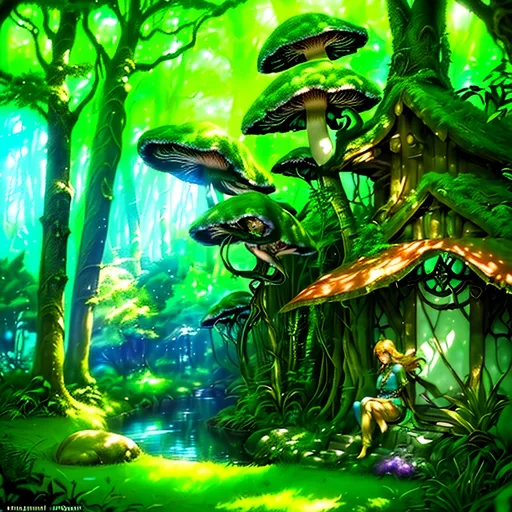 Prompt: (photorealistic style), lush Hyrule, vibrant warm colors, enchanting atmosphere, sunlight filtering through dense foliage, soft glowing mushrooms, serene winding path, magical fauna, mystical creatures peeking from behind trees, deep green foliage with golden highlights, ultra-detailed, immersive landscape, tranquil ambiance, adventurous spirit, ideal for storytelling backgrounds.