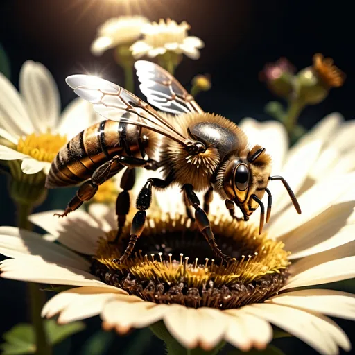 Prompt: Close up (Steampunk Honey bee sipping nectar on a flower, all six legs visible), dark steampunk artstyle,  HD, 4K, crisp focus, atmospheric, intricate floral background with steampunk elements, metallic textures, gears and cogs intertwined with nature, soft sunlight filtering through, cinematic lighting, dramatic shadows, immersive and captivating scene.