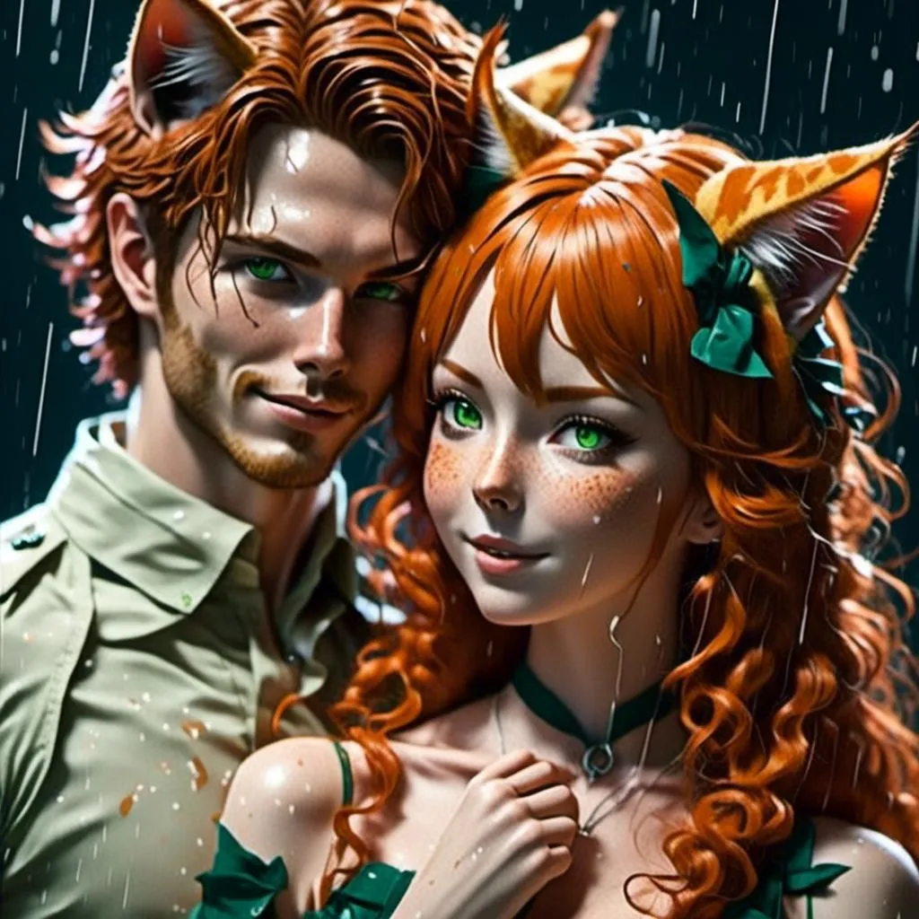 Prompt: <mymodel>Highly Detailed, couple dancing in the rain, detailed skin texture, cat ears matching hair color, detailed eyes, professional, highres