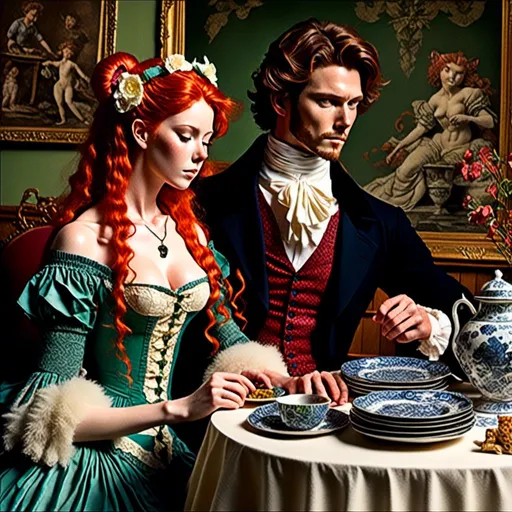 Prompt: <mymodel>1600's couple in displaying fine China plates, Advertisement, lithograph, extremely detailed