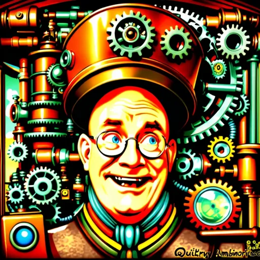 Prompt: (Humorous portrait), steampunk style, caricature drawing, pencil color  scheme, detailed facial features, expressive eyes, exaggerated pleasant smile, vintage military attire, quirky accessories, Iron gears and machinery in the background, cozy ambiance, ultra-detailed, engaging composition that blends humor and artistry, creating a captivating visual narrative.