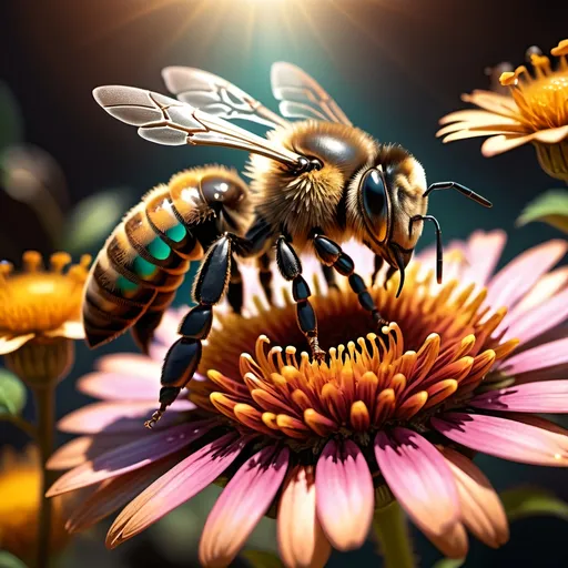 Prompt: Close up (Honey bee sipping nectar on a flower, all six legs visible), intricate wing details, photorealism, nature, dark steampunk artstyle, summer vibes, warm color scheme, vibrant, high-depth color tones, ultra-detailed, HD, 4K, crisp focus, atmospheric, intricate floral background with steampunk elements, metallic textures, gears and cogs intertwined with nature, soft sunlight filtering through, cinematic lighting, dramatic shadows, immersive and captivating scene.