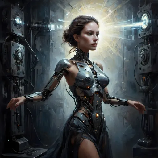 Prompt: (Robotic Cybernetic Woman), surrealism style, dark color scheme, gossamer dress, dramatic lighting with glow effect, radiant light behind her illuminating silhouette, intricate mechanical details, dreamlike atmosphere, crisp contrasts, high depth, ultra-detailed, mysterious and captivating vibe, ethereal presence, hauntingly beautiful, evocative imagery, enchanting subtleties in fabric texture, unsettling yet mesmerizing composition.