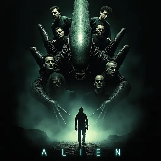 Prompt: Alien the movie, poster featuring the cast and  of the movie, the Nostromo spaceship in the background and the Alien creature hiding in the shadows