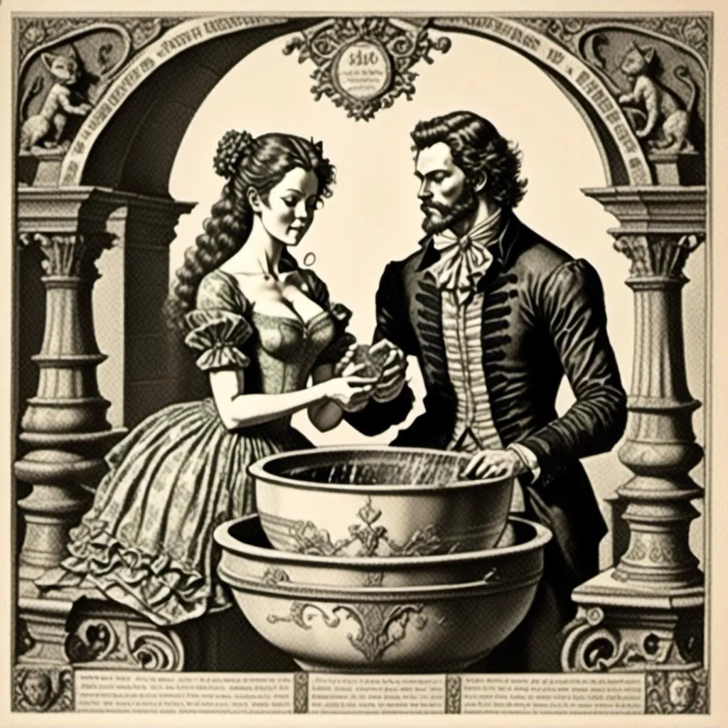 Prompt: <mymodel>1600's couple using soap, Advertisement, lithograph, extremely detailed