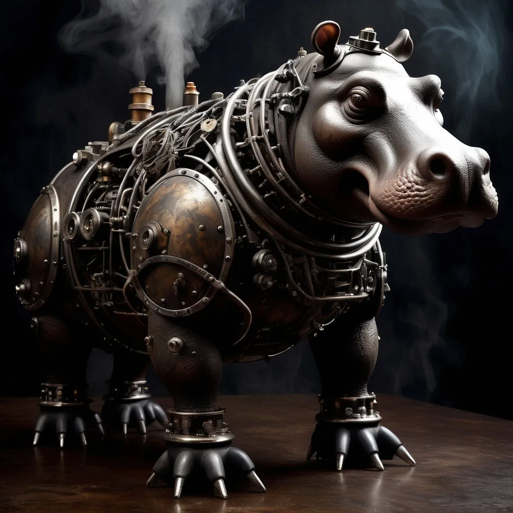 Prompt: Steam powered Anthro hippopotamus, (intricate details), (mechanical elements), dark color scheme, aged metal textures, eerie ambiance, Victorian design influences, haunting atmosphere, dramatic lighting, smoky background, high contrast shadows, ultra-detailed, masterful craftsmanship, surreal elements blended with industrial aesthetics, dark and whimsical.