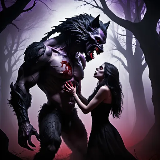 Prompt: (fantasy theme), breathtaking scene of an werewolf  biting a vampire, deep shades of black, purple, and blood red creating an eerie atmosphere, dramatic lighting casting shadows, gothic background featuring twisted trees and fog, emotion of longing and darkness, (intricate details) capturing tension and passion, (highly detailed, HD) crafted for a cinematic effect.