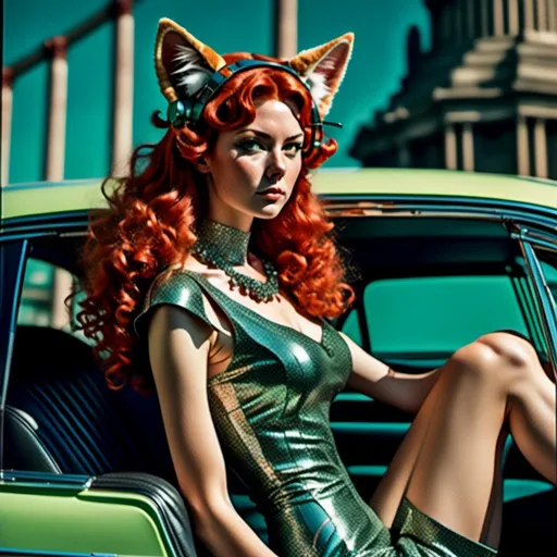 Prompt: <mymodel> Full body view of Man with cat ears in 1960's  futuristic Automobile Advertisement, matching cat ears to hair color, extremely detailed, intricate clothing, high quality, intricate, futuristic-retro futurism, historical, detailed hair, detailed spaceship in background