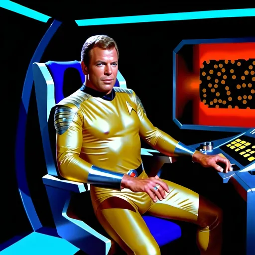 Prompt: (futuristic-sci-fi style), captain kirk with goatee), cool color scheme, vibrant blues and metallic silvers, high-tech backgrounds with glowing circuits, dramatic and cinematic lighting, highlighting their expressions, intricate details on outfits, ultra-detailed character design, atmospheric mood evoking exploration and adventure, striking visuals reminiscent of classic sci-fi themes.