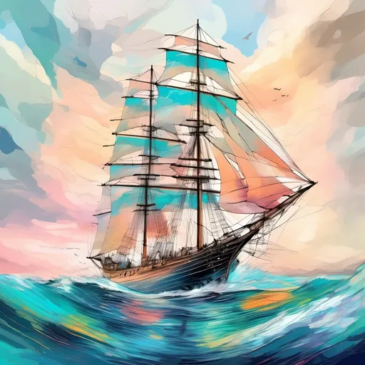 Prompt: oil painting, natural color scheme, (three masted sailing ship body made out of glass), (traveling swiftly) on a (realistic ocean), (sails full of wind), (dolphins breaching) in front of the bow, serene atmosphere, nature-inspired, fluid and dynamic scene, delicate brush strokes, soft light filtering through, emphasizing tranquility and adventure, ultra-detailed, high-definition.