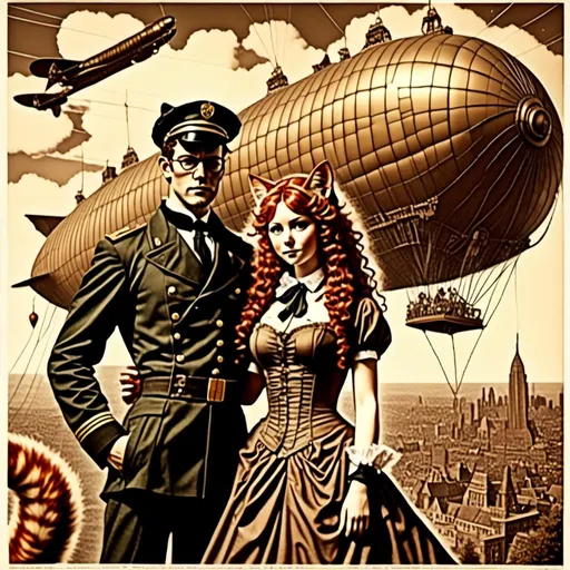 Prompt: <mymodel>high quality vintage lithograph, Full body view of Couple  with human faces and goggles, cat ears, Dirigible Advertisement, matching cat ears to hair color, extremely detailed, intricate clothing, intricate, historical, detailed hair, detailed Blimp in background,  detailed eyes, atmospheric lighting, vintage sepia tones