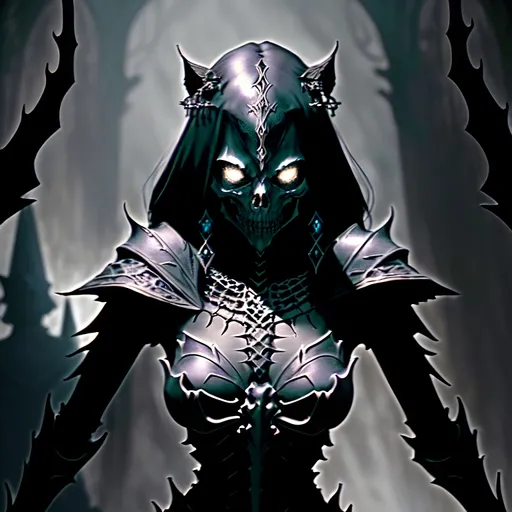 Prompt: skeletal bone Queen, dark color scheme, (fantasy RPG style), mysterious atmosphere, eerie background, intricate detailed armor, feline features woven into the design, dynamic pose, shadows and highlights emphasizing depth, high-adrenaline scene, (4K), ultra-detailed, magical aura surrounding the character, enchanting yet ominous vignette, dramatic composition.