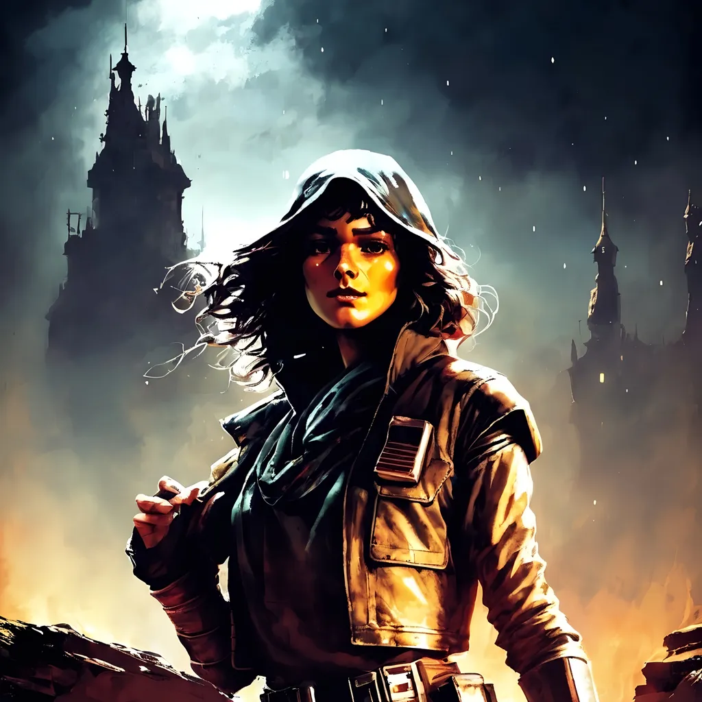 Prompt: (artstyle-renaissance), Star Wars outlaw Kay Vess, dark color scheme, rich and muted tones, dramatic chiaroscuro lighting, intense facial expression, wearing a weathered space jacket, intricate details on clothing, gripping a blaster, moody and atmospheric background, hints of a distant starry night sky, highly detailed, ultrarealistic texturing, captivating composition, capturing the essence of a legendary rogue.