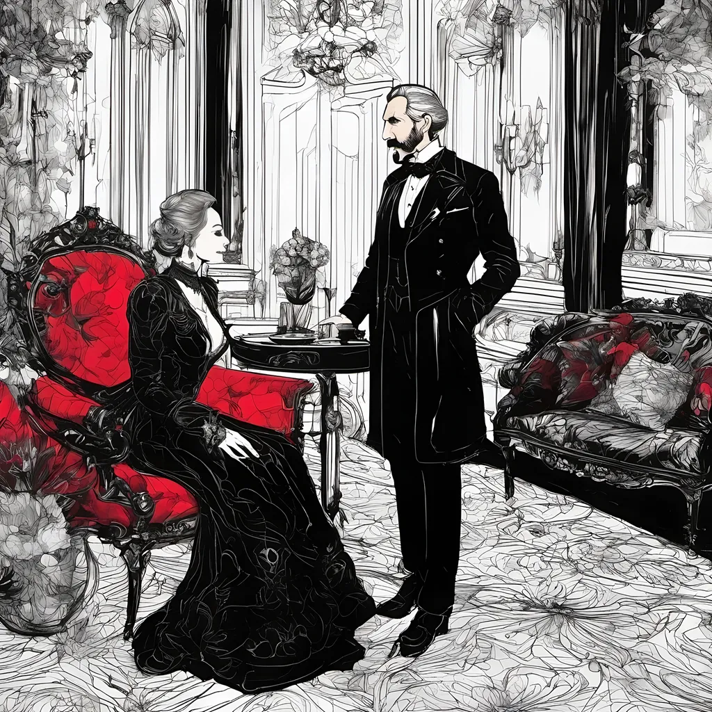 Prompt: (Christopher Lee talking to Vincent Price), Black and White pen and ink sketch style, dark color scheme, elegantly gothic attire, intricate details, dim lighting, dramatic shadows, opulent background, luxurious textures, ornate furniture, deep reds and blacks, baroque patterns, solemn atmosphere, rich color tones, dark romanticism, ultra-detailed, 4K, photorealistic masterpiece, timeless elegance.