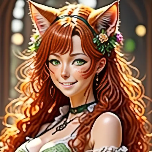 Prompt: <mymodel> Anime-style image of an older cat-eared woman), back facing camera (red hair), (detailed eyes), (alluring pose), looking back  laughing, (bright lighting), warm color scheme, (high resolution), (sensual), (detailed hair), fantasy elements, mesmerizing, captivating atmosphere, ultra-detailed, whimsical background, enchanting ambiance.