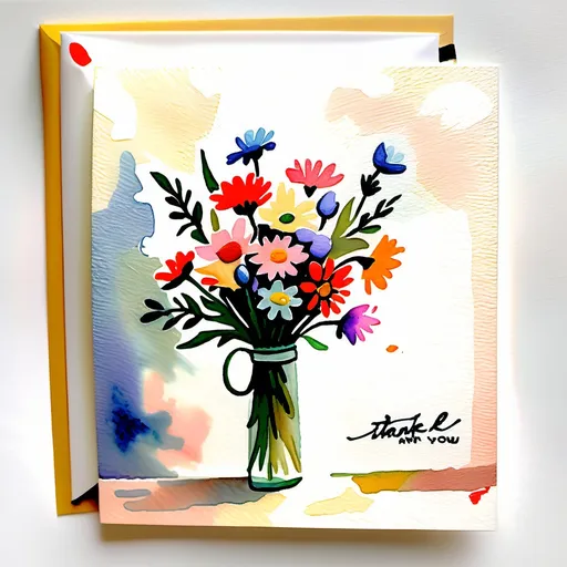 Prompt: Watercolor muted sublime  impressionist pale pastel painting of a small bouquet of flowers and attached to the painting is is a card that clearly spells "Thank You"