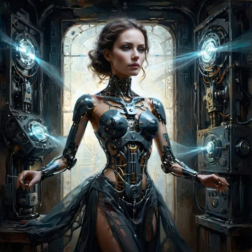 Prompt: (Robotic Cybernetic Woman), surrealism style, dark color scheme, gossamer dress, dramatic lighting with glow effect, radiant light behind her illuminating silhouette, intricate mechanical details, dreamlike atmosphere, crisp contrasts, high depth, ultra-detailed, mysterious and captivating vibe, ethereal presence, hauntingly beautiful, evocative imagery, enchanting subtleties in fabric texture, unsettling yet mesmerizing composition.