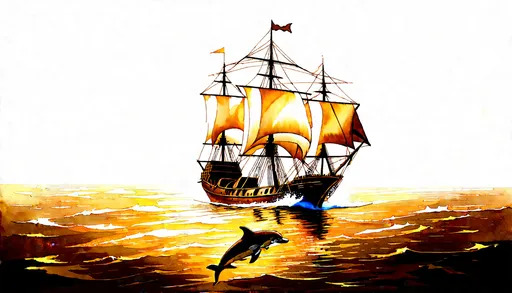 Prompt: watercolor style, muted color scheme, (three masted sailing ship body made out of glass), (traveling swiftly) on a (realistic ocean), (sails full of wind), (dolphins breaching) in front of the bow, serene atmosphere, nature-inspired, fluid and dynamic scene, delicate brush strokes, soft light filtering through, emphasizing tranquility and adventure, ultra-detailed, high-definition.