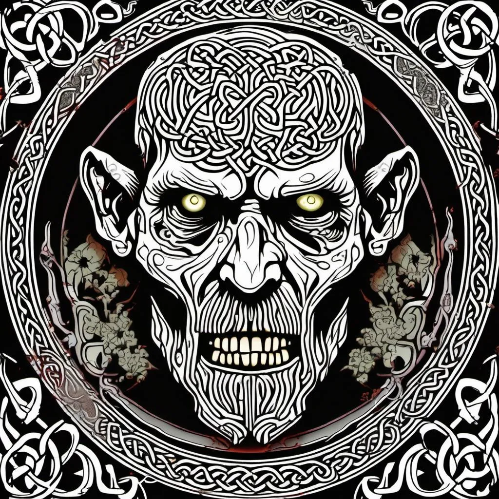 Prompt: 50 Year old Celtic Zombie with delicate , detailed Celtic Background