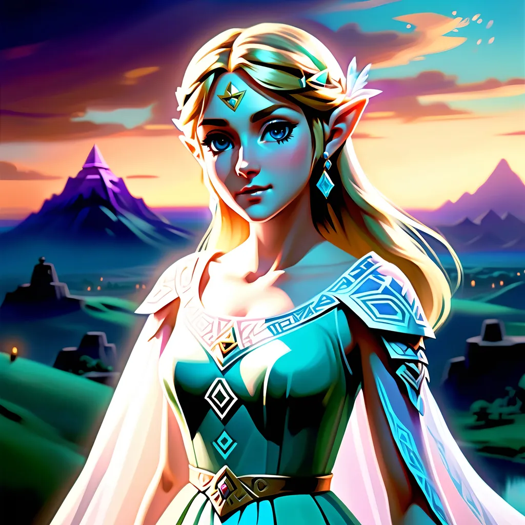 Prompt: (realism style), (pastel color scheme), scenic portrayal of the enigmatic, adventurous Zelda, intricate details in her elegant dress, soft hues illuminating her expression, dreamy background featuring enchanting landscapes, gentle lighting casting a calming atmosphere, 4K, ultra-detailed resurgence of a beloved character, capturing her spirit and timeless allure.