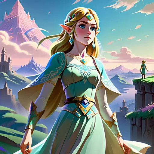 Prompt: (realism style), (pastel color scheme), scenic portrayal of the enigmatic, adventurous Zelda, intricate details in her elegant dress, soft hues illuminating her expression, dreamy background featuring enchanting landscapes, gentle lighting casting a calming atmosphere, 4K, ultra-detailed resurgence of a beloved character, capturing her spirit and timeless allure.