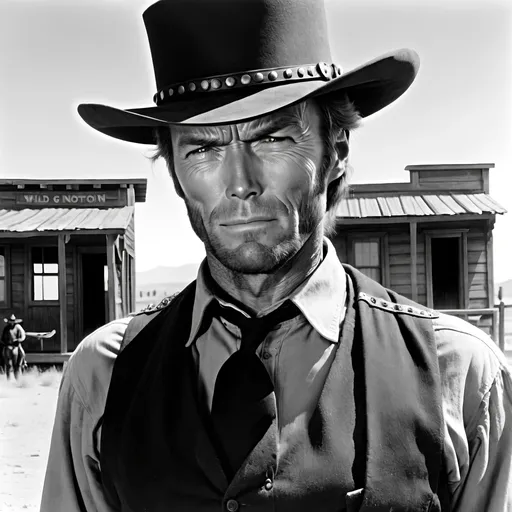 Prompt: Clint Eastwood as Johnna Hex Scar Partial closing half of his mouth, 
Old West Scene, Gunfight at High Noon, Wild West Town, Train on the Horizon  