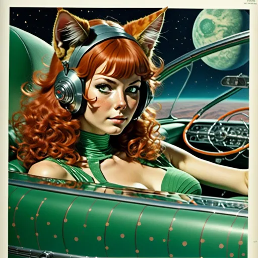 Prompt: <mymodel> Full body view of Man with cat ears in 1960's  futuristic Automobile, Advertisement for a space ship, matching cat ears to hair color, extremely detailed, intricate clothing, high quality, intricate, futuristic-retro futurism, historical, detailed hair, detailed spaceship in background