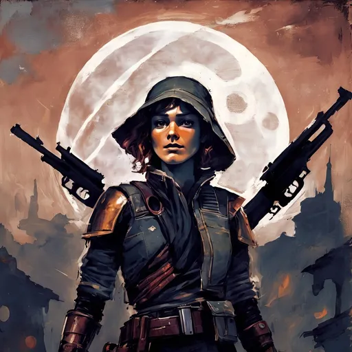 Prompt: (artstyle-renaissance), Star Wars outlaw Kay Vess, dark color scheme, rich and muted tones, dramatic chiaroscuro lighting, intense facial expression, wearing a weathered space jacket, intricate details on clothing, gripping a blaster, moody and atmospheric background, hints of a distant starry night sky, highly detailed, ultrarealistic texturing, captivating composition, capturing the essence of a legendary rogue.