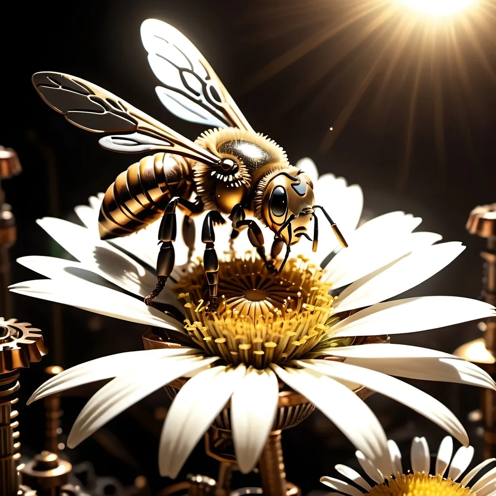 Prompt: (Steampunk Honey bee sipping nectar on a flower, all six legs visible), dark steampunk artstyle,  HD, 4K, crisp focus, atmospheric, intricate floral background with steampunk elements, metallic textures, gears and cogs intertwined with nature, soft sunlight filtering through, cinematic lighting, dramatic shadows, immersive and captivating scene.