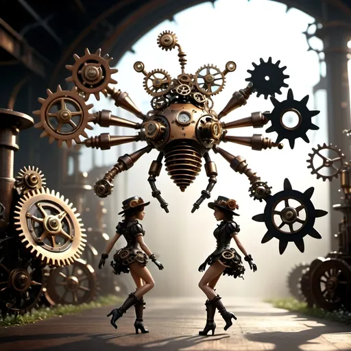 Prompt: (Metallic Steampunk Honey walking on a Cog flowers, all six legs visible), dark steampunk artstyle,  HD, 4K, crisp focus, atmospheric, intricate floral background with steampunk elements, metallic textures, gears and cogs intertwined with nature, soft sunlight filtering through, cinematic lighting, dramatic shadows, immersive and captivating scene.