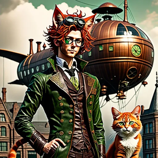 Prompt: <mymodel>Full body view of Rugged Man with human face with goggles and cat ears, Dirigible Advertisement, matching cat ears to hair color, extremely detailed, intricate clothing, high quality, intricate, historical, detailed hair, detailed Blimp in background, artstyle-steampunk, detailed eyes, atmospheric lighting, vintage