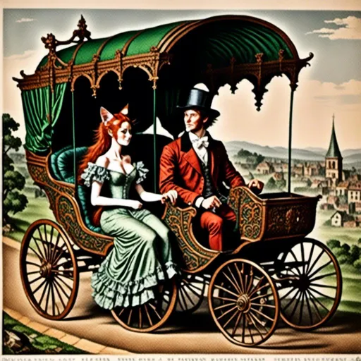 Prompt: <mymodel>1600's couple in carriage, Advertisement, lithograph, extremely detailed