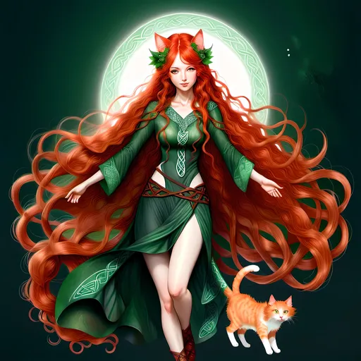 Prompt: Japanese ink illustration of a Celtic woman with cat ears and tail, long red curly hair, detailed green eyes, detailed skin texture, full body view, delicate, diffused lighting, beautiful, artistic, detailed, fantasy style Celtic background, long hair, detailed eyes, full-body, elegant, ethereal, soft lighting