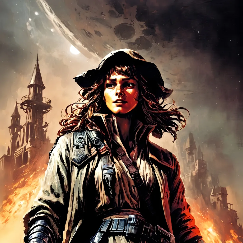 Prompt: (artstyle-renaissance), Star Wars outlaw Kay Vess, dark color scheme, rich and muted tones, dramatic chiaroscuro lighting, intense facial expression, wearing a weathered space jacket, intricate details on clothing, gripping a blaster, moody and atmospheric background, hints of a distant starry night sky, highly detailed, ultrarealistic texturing, captivating composition, capturing the essence of a legendary rogue.