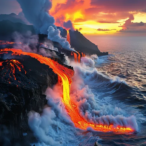 Prompt: photorealistic, (vibrant colors), molten lava, flowing from a volcano, meeting the ocean, spectacular collision, illuminating dark surroundings, steam rising, sunset sky with colorful hues, natural beauty, dynamic contrast, highly detailed textures, dramatic lighting, vivid reflections on water, high quality, ultra-detailed, stunning scenery.