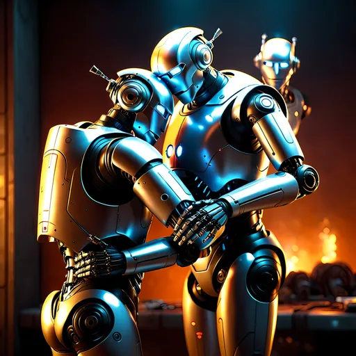 Prompt: photorealistic, (futuristic-sci-fi style), (warm color scheme),robots spooning
, (highly detailed), intense action, vibrant lighting, immersive sci-fi ambiance, dramatic shadows, intricate mechanical features, metallic textures, highly defined characters in combat, cinematic composition, 4K quality, fast-paced tension.